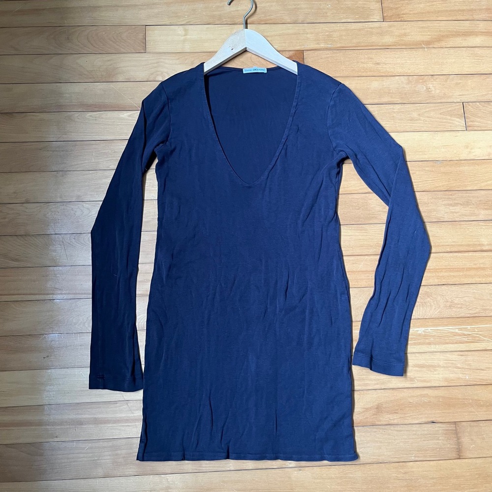 James Perse Standard Navy Blue Long Sleeve Deep V-Neck Mini Dress Cotton Jersey